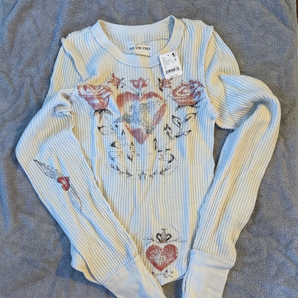 Free People Cream Kids Long Sleeve with Heart and Floral Design